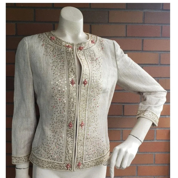 Ann Taylor  Beige Linen Beaded And Sequin Suit Jacket. Size 2 BNWOT - Picture 1 of 14